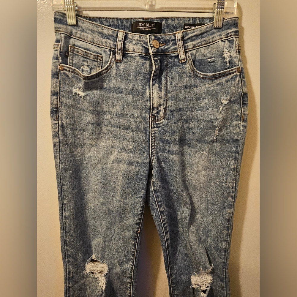 Judy Blue Jeans Blue Denim Cropped Bootcut Distressed Stretch Women's Size 7/28 - Picture 2 of 13